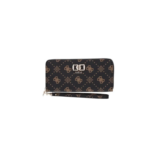 Noir guess Portefeuille femme Emelie avec logo doré, poche zippée marron et dragonne assortie (largeur 22 cm).
