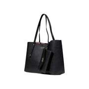 Guess women fall winter black textured leather tote bag with matching shoulder straps and attached small wallet