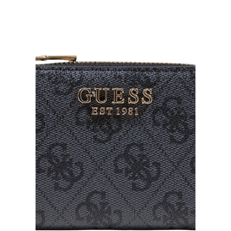 Noir guess Porte-cartes zippé pour femme, en polyuréthane gris, orné d'un logo et d'une fermeture éclair dorés.