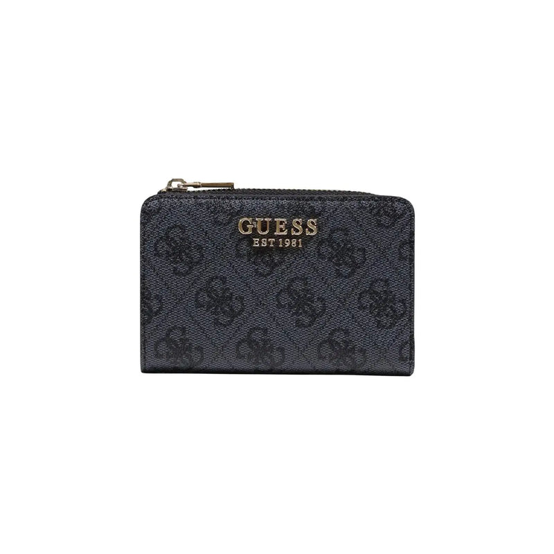 Noir guess Porte-cartes zippé pour femme, en polyuréthane gris avec motif monogramme et tirette de fermeture éclair dorée, orné de lauriers.