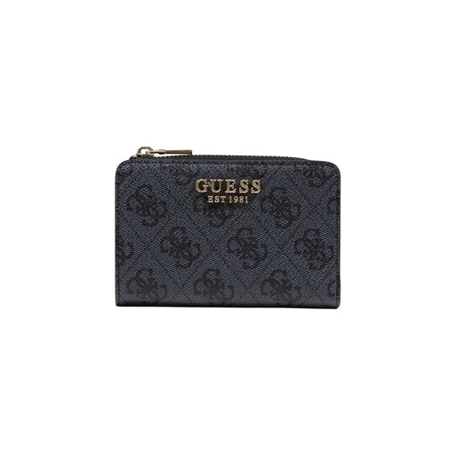Noir guess Porte-cartes zippé pour femme, en polyuréthane gris avec motif monogramme et tirette de fermeture éclair dorée, orné de lauriers.