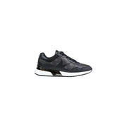 Black Guess women leather sneakers with glossy logo pattern and white lace up midsole for casual wear