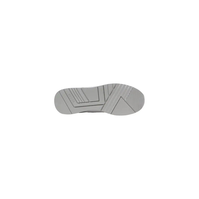Gray rubber sole with geometric tread and embossed guess logo on white leather women lace up sneakers