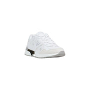 Guess women leather sneakers white lace up with subtle logo detailing and metallic heel accent visible from the back side