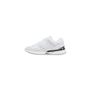 White Guess women leather sneakers lace up with silver logo detailing and metallic heel accent