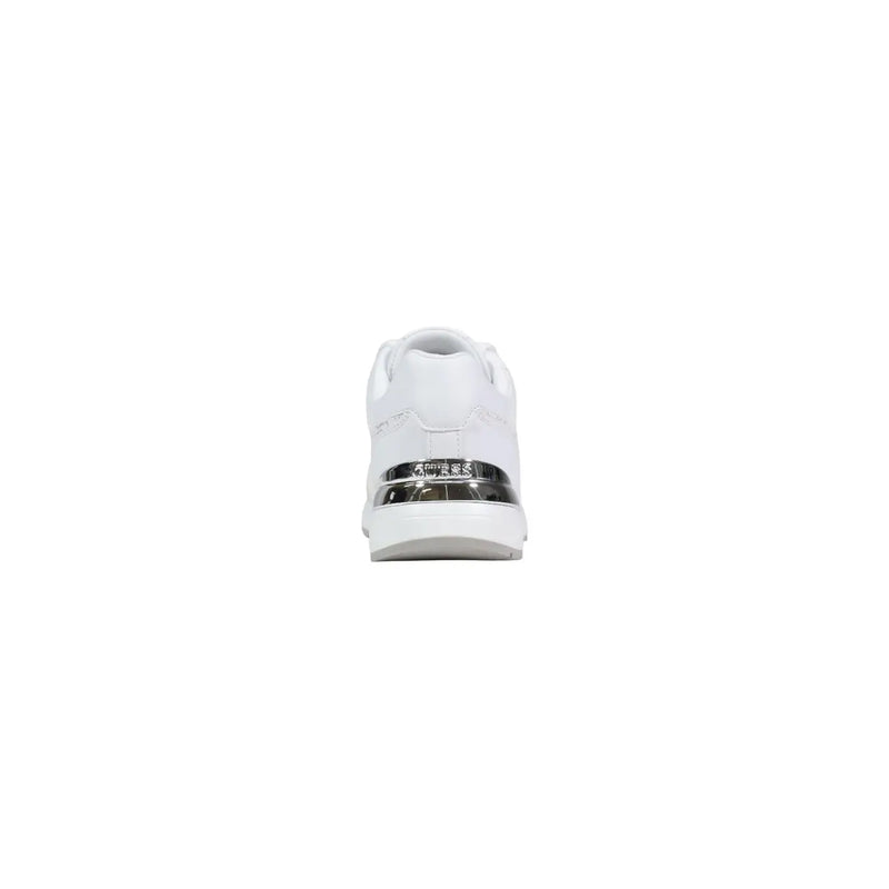 White guess women leather sneakers with lace up design and metallic silver accent on the heel shown from the back side