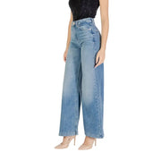 Women’s light blue high-waisted wide-leg denim jeans with zip and button closure