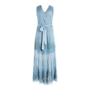 Guess women light blue sleeveless floral silk blend dress with intricate lace detailing and self-tie belt