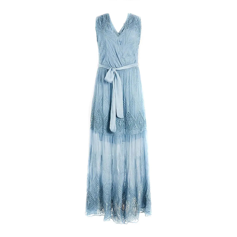 Guess women light blue sleeveless floral silk blend dress with intricate lace detailing and self-tie belt