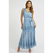 Guess women light blue floral silk blend sleeveless maxi dress with intricate lace detailing and matching waist belt