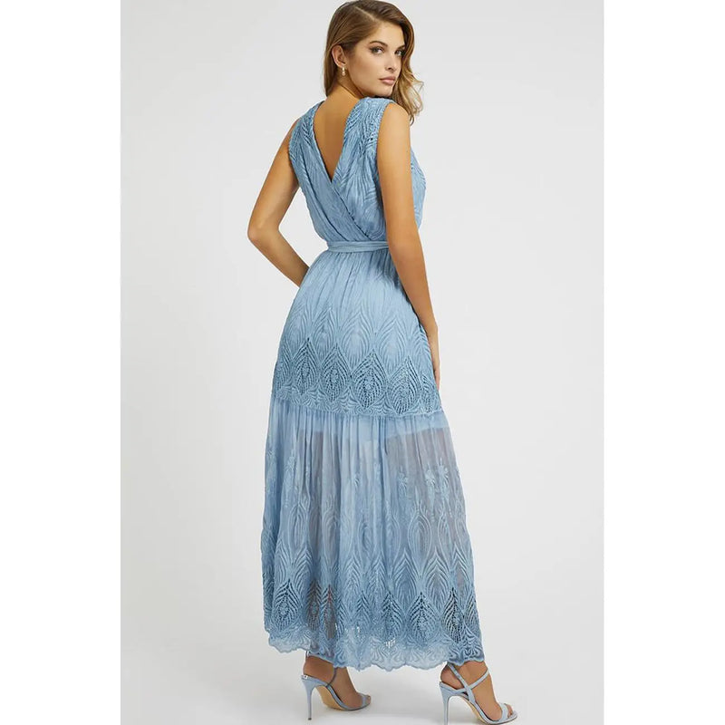 Guess women light blue sleeveless floral silk blend maxi dress with intricate lace detailing and draped back design