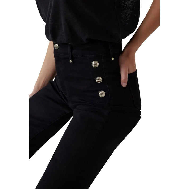 Coton noir Guess Pantalon New Faye pour femme, taille haute, avec trois boutons argentés sur le devant