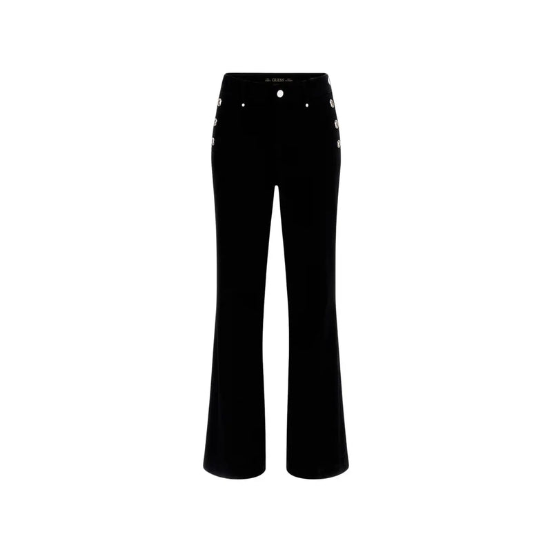 Guess Pantalon Faye pour femme, nouveau modèle en velours noir évasé avec boutons argentés sur les côtés, en coton.