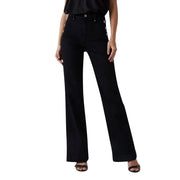 Guess Pantalon Faye pour femme, noir, en coton, taille haute, jambes évasées et boutons dorés sur les côtés.