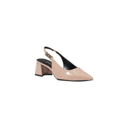 Guess women pink block heel sandals with ankle strap and beige patent leather slingback pump with gold-tone buckle detail