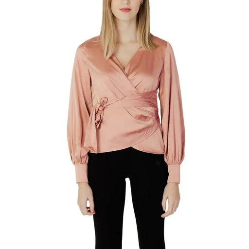 Guess women pink v-neck blouse with lace detail featuring a soft blush pink satin wrap design and tied waistband