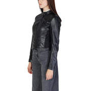 Guess women black polyurethane blazer featuring a sleek fitted design with subtle stitching details