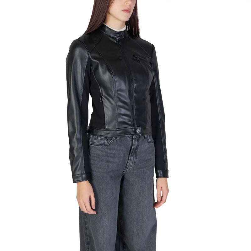 Guess women black polycarbonate blazer with high collar and zippered front pockets in faux leather moto style