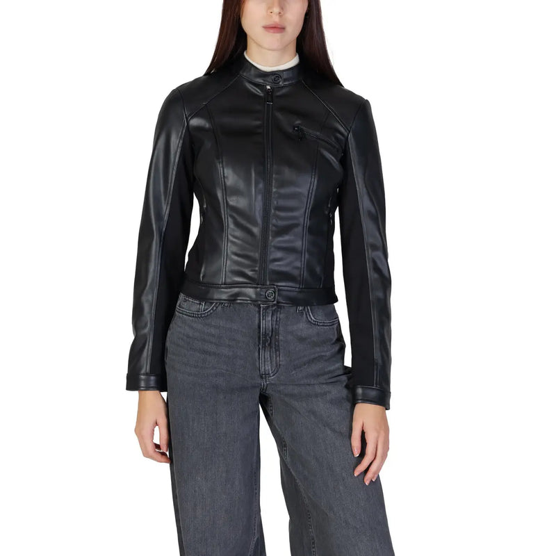 Guess women black polyurethane blazer with sleek fitted design and subtle stitching details resembling leather jacket