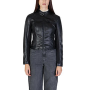 Guess women black polyurethane blazer with a high collar and zippered front in faux leather moto jacket style