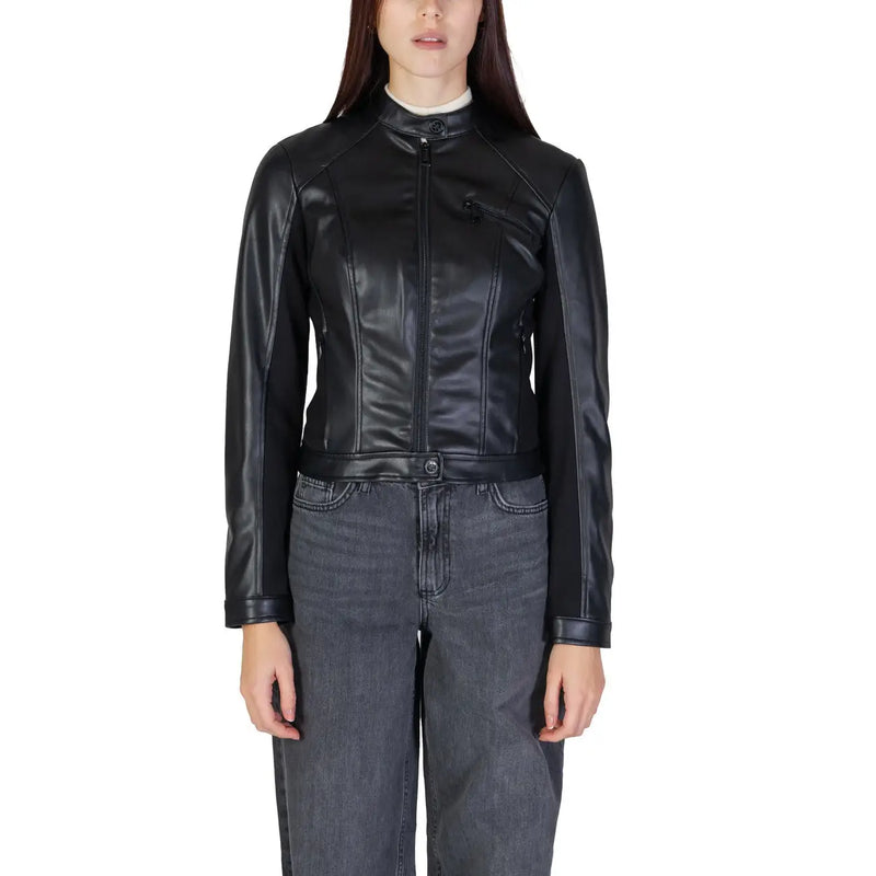 Guess women black polyurethane blazer with a high collar and zippered front in faux leather moto jacket style