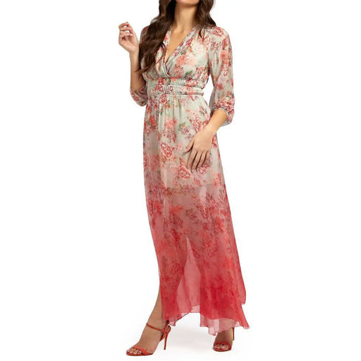Guess Robe longue maxi en soie mélangée rouge à motif floral dégradé, col en V, manches longues fluides.