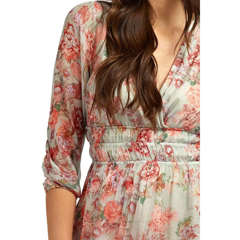 Guess women red floral silk blend dress v neck with soft flowing fabric in muted pink and green tones and elastic waistband