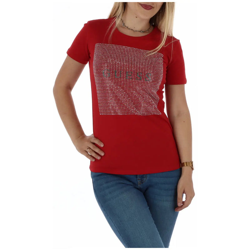 Guess women red round neck cotton t shirt short sleeve with sparkling rhinestone embellished rectangular logo across chest