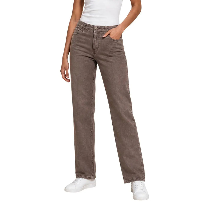 Guess Pantalon palazzo sexy pour femme, en lyocell marron, coupe droite, design classique à cinq poches et délavage subtil.