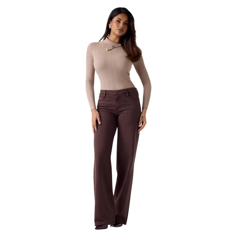 Une paire de Guess Pantalon palazzo sexy taille haute pour femme, en lyocell marron à la finition lisse.