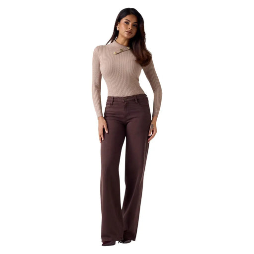 Une paire de Guess Pantalon palazzo sexy taille haute pour femme, en lyocell marron à la finition lisse.