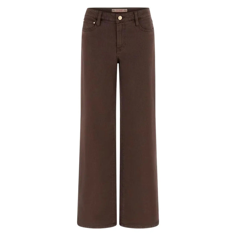 Guess Pantalon palazzo sexy pour femme en lyocell marron, coupe jean à jambes larges, cinq poches classiques et fermeture à boutons dorés