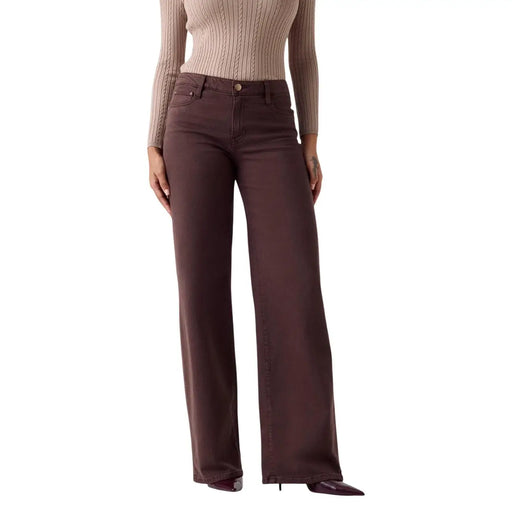 Guess Pantalon palazzo sexy pour femme en lyocell marron, composé d'un jean en denim à jambes larges et coupe droite, orné de surpiqûres discrètes.