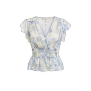 Guess women silk blouse light blue floral v neck featuring delicate ivory fabric with ruffled sleeves and elasticated waist