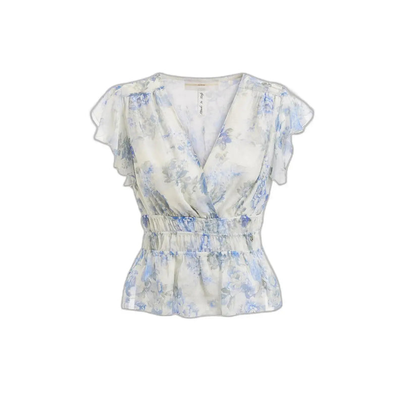 Guess women silk blouse light blue floral v neck featuring delicate ivory fabric with ruffled sleeves and elasticated waist