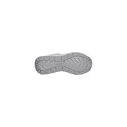 Gray rubber sole with textured tread and guess brand name embossed on guess women silver sneaker polyester slip