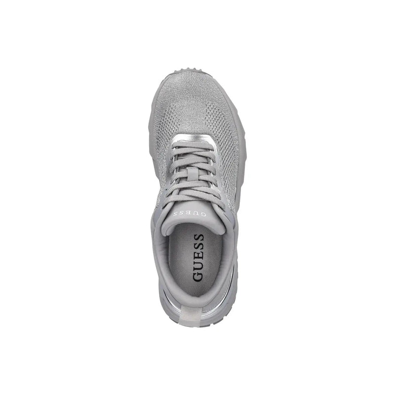 Guess women silver sneaker with textured polyester upper and mesh design featuring matching laces and logo on tongue