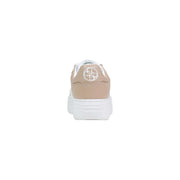 Back view of Guess women beige and white platform sneakers made of polyurethane with a circular logo on the heel