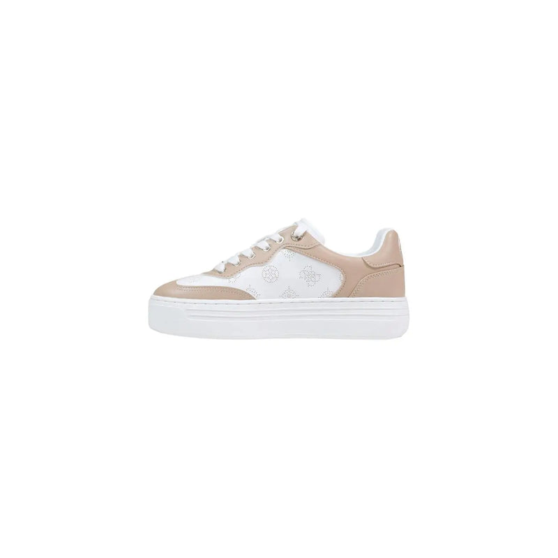 Beige and white Guess women platform sneaker with perforated polyurethane leather panels and lace-up design