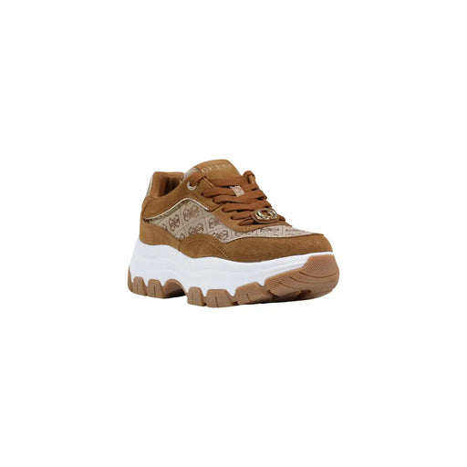 Guess Baskets pour femmes marron à plateforme synthétique, chaussures de mode à motifs beige et camel avec semelle blanche épaisse