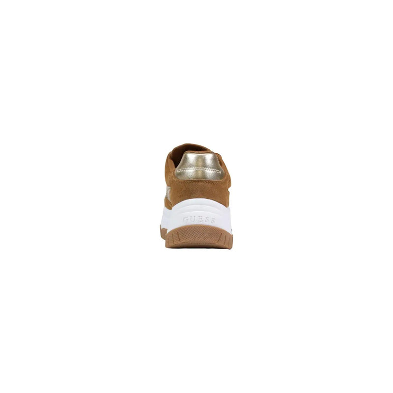 Guess women sneakers in tan suede with metallic gold heel tab and white midsole featuring the Guess logo