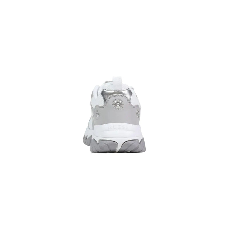 Guess women sneakers grey polyester polyurethane lace up with white silver chunky sole and metallic star emblem on heel back view