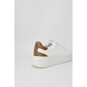 White leather Guess women sneaker with laces featuring a brown patterned heel tab and thick white sole fall winter collection