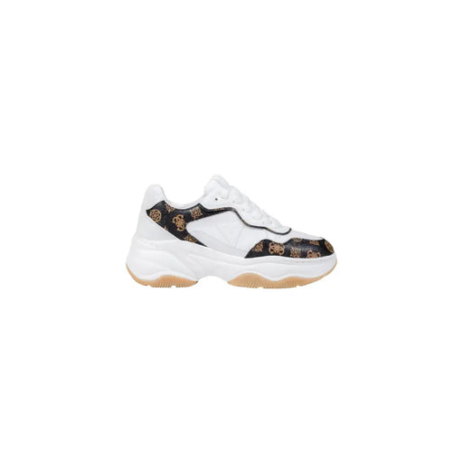 Guess women sporty white and black chunky slip on sneakers with gold toned logo pattern for fall winter use
