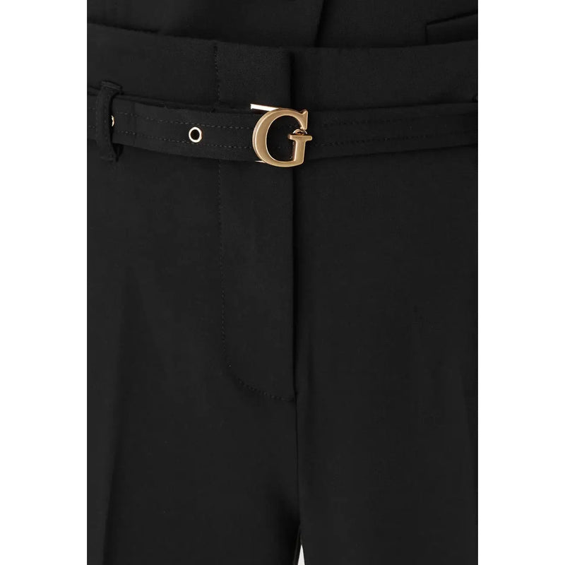 Noir guess Pantalon structuré en crêpe pour femme, ceinturé d'une ceinture noire à boucle G dorée