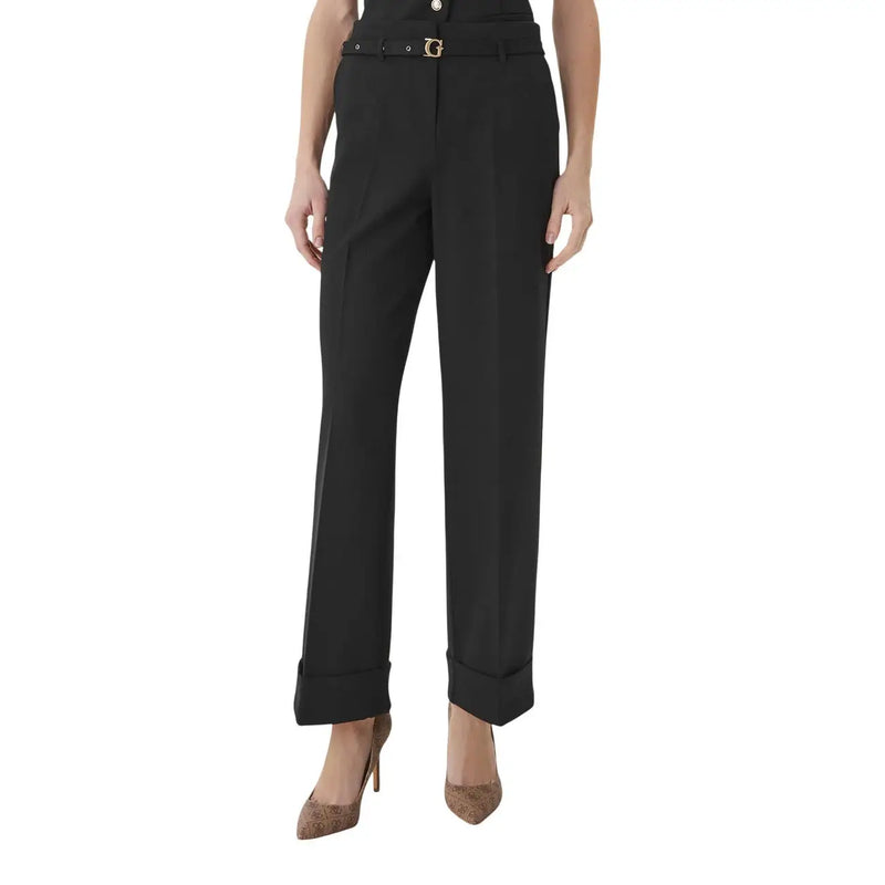 Noir Guess Pantalon tailleur structuré en crêpe pour femme, avec une boucle de ceinture dorée ornée du logo g emblématique.