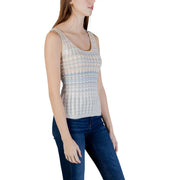 Guess débardeur beige sans manches pour femme top à col rond, en maille viscose, ornée de motifs blanc cassé et bleu clair