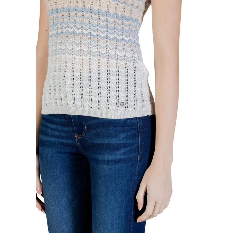 Guess débardeur en maille sans manches pour femme top en viscose texturée beige avec un dégradé bleu et crème