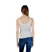 Guess femmes tank top en maille viscose rayée beige et bleu clair, avec encolure ronde et sans manches