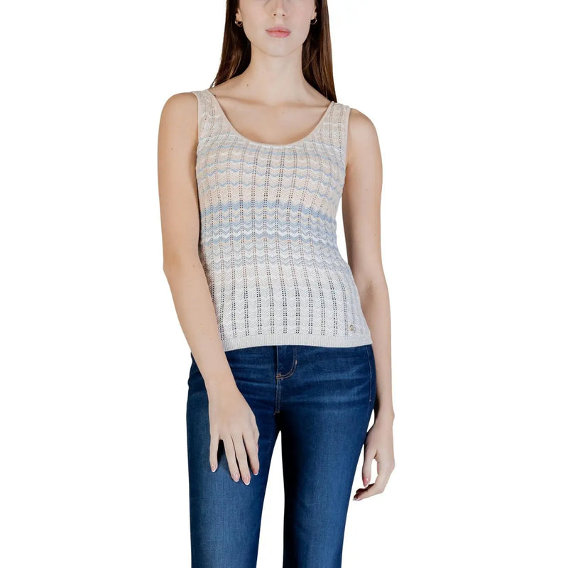 Guess débardeur en maille sans manches pour femme top tissu en viscose à dégradé crème et bleu clair avec motif ondulé